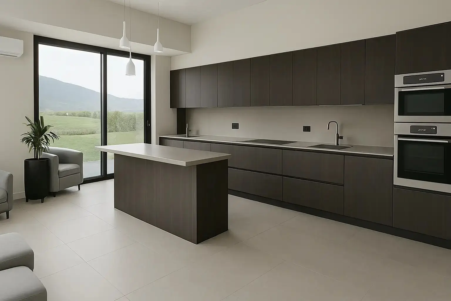 Cocina moderna con isla central, melamina oscura, cubierta clara y puerta corrediza con vista natural, diseño exclusivo de Style Muebles Chile
