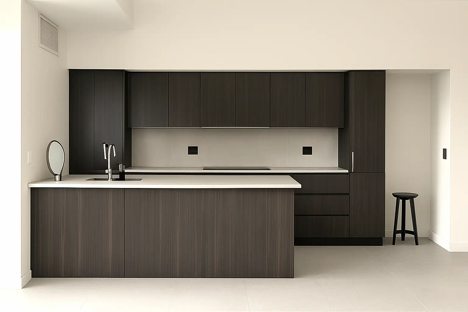 Cocina moderna con melamina oscura, cubierta clara tipo cuarzo, iluminación LED y diseño funcional, proyecto exclusivo de Style Muebles en Chile 