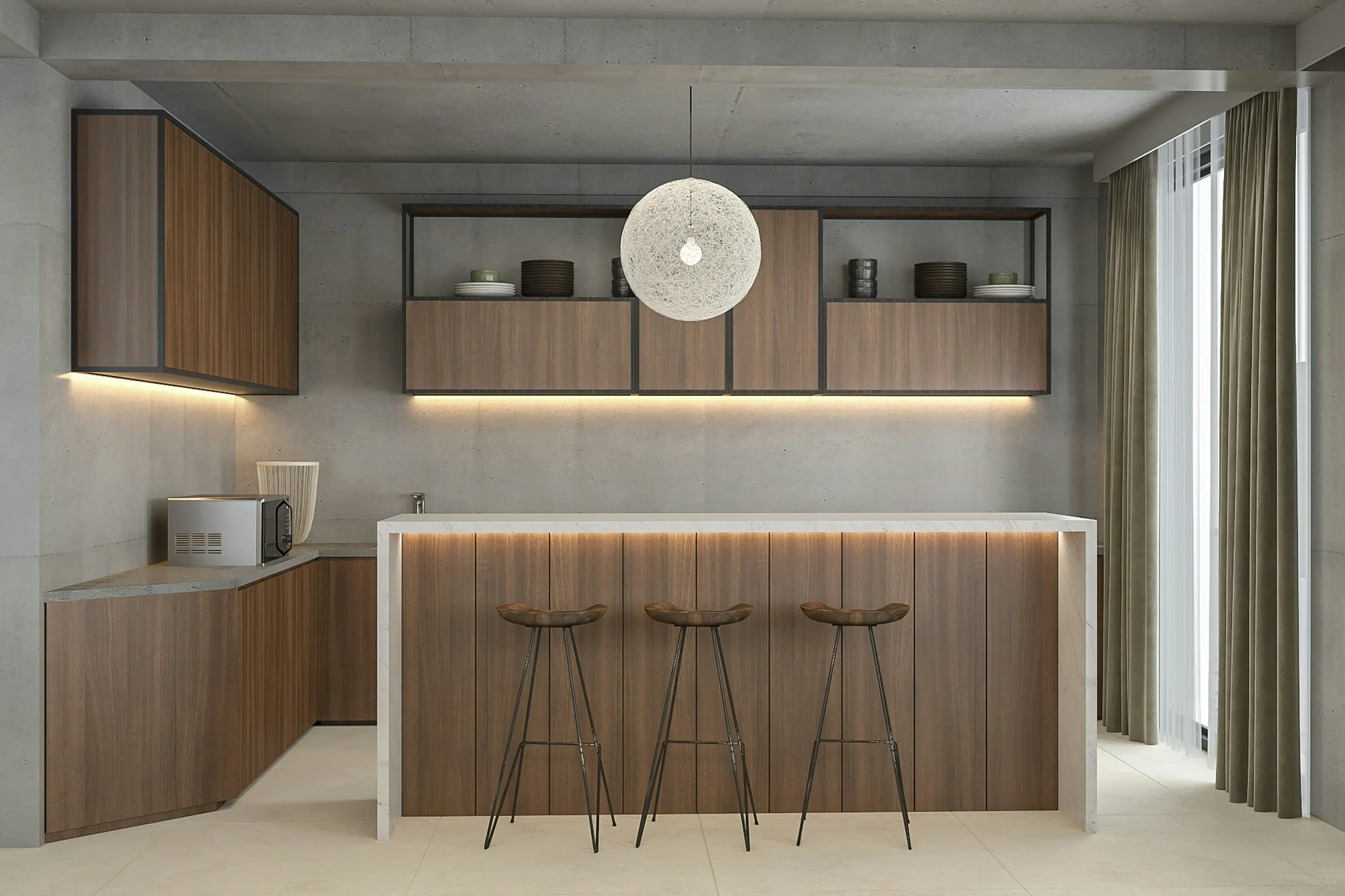 Proyecto de remodelación de cocina moderna en Chile con isla de madera clara, iluminación cálida y diseño funcional